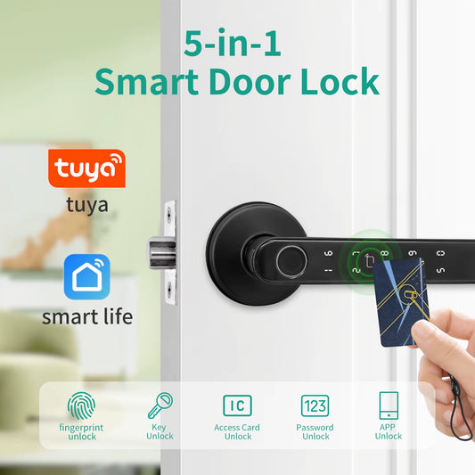 Tuya 5-In-1 Door Lock Smart Home Products Fingerprint Locks Remote Control App Unlock Support Password IC Card Key Unlock